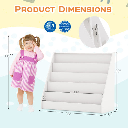 5-Tier Kids Bookshelf with Deep Compartments and Stable Baby Book Case-White