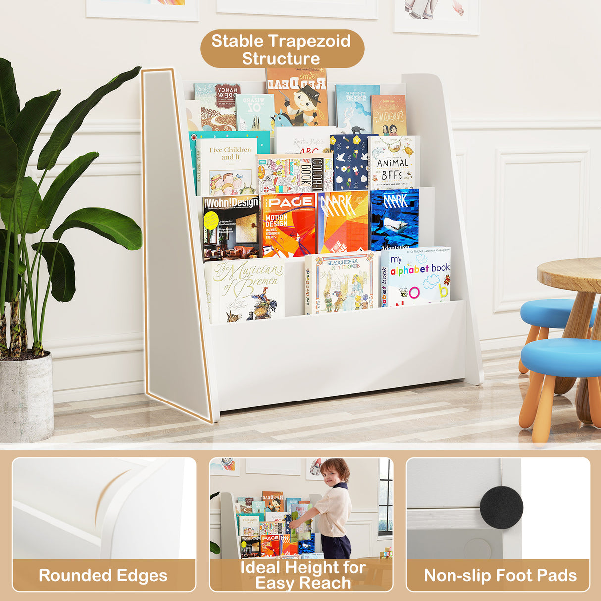 4-Tier Kids Bookshelf with Deep Compartments for Bedroom-White