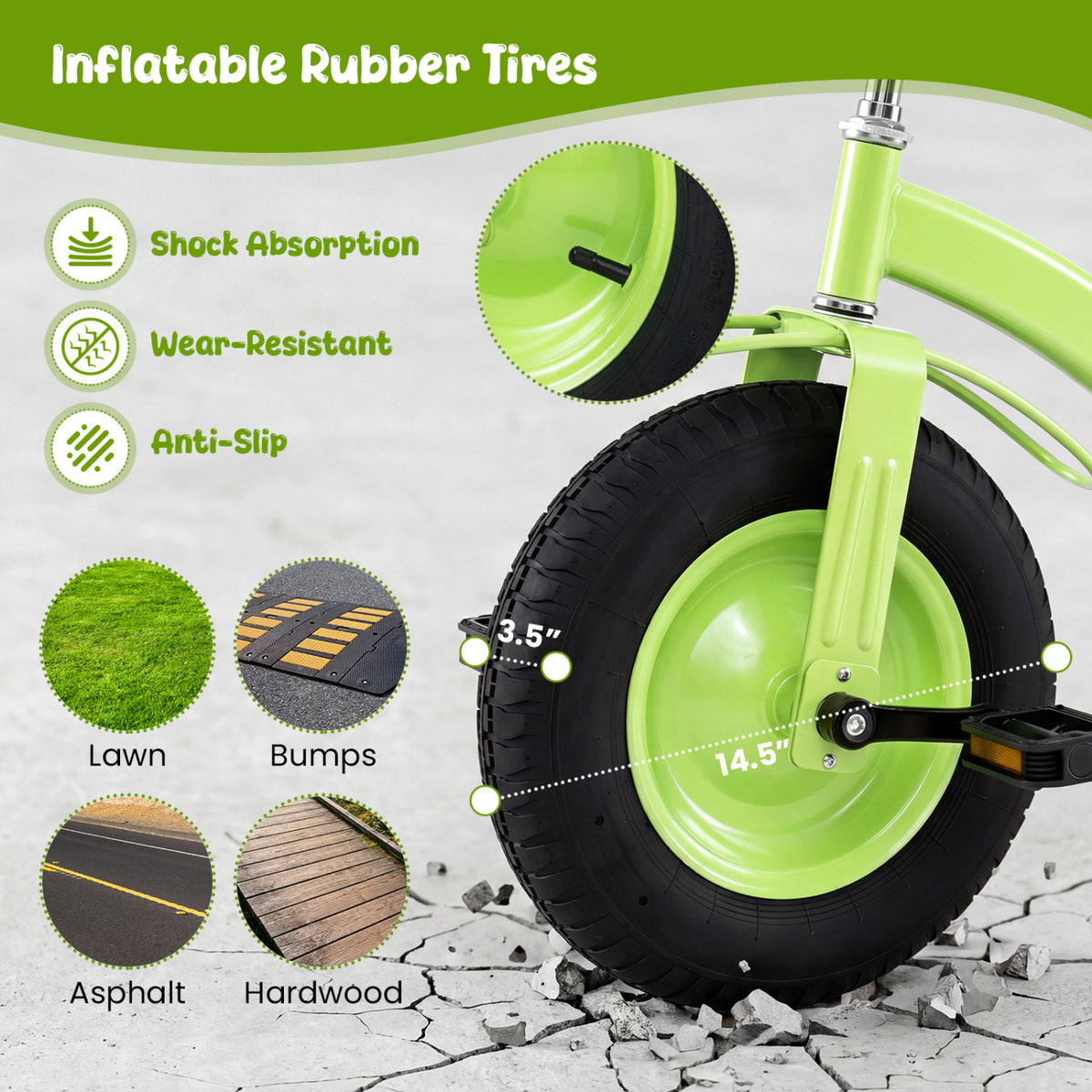 Kids Carbon SteelÂ Bike with 15 Inch Inflatable Rubber Tires-Green