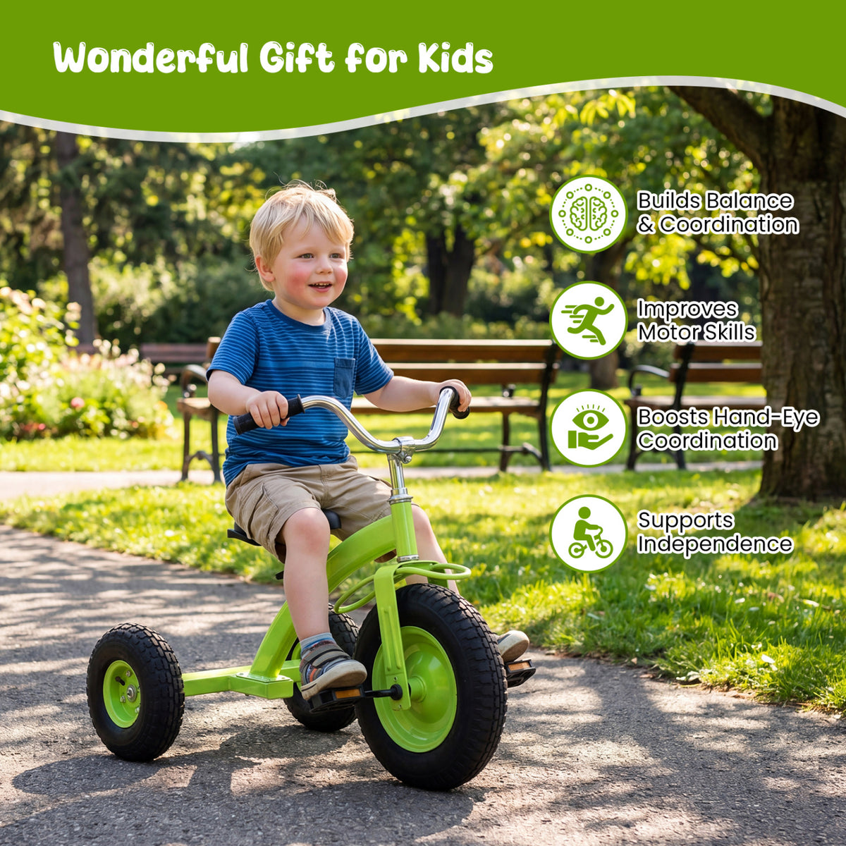 Kids Carbon SteelÂ Bike with 15 Inch Inflatable Rubber Tires-Green