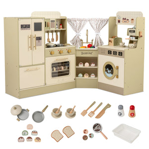 Kids Corner Play Kitchen with Faucet and Dishwasher and Stoves-Green