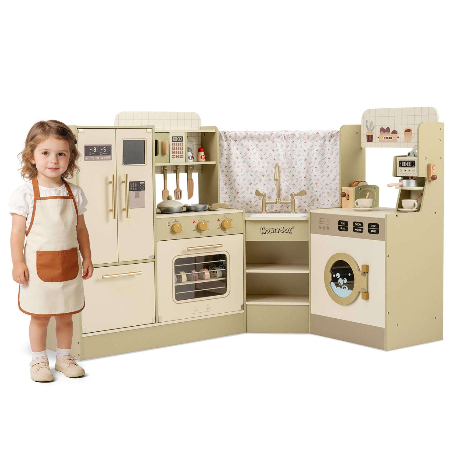 Kids Corner Play Kitchen with Faucet and Dishwasher and Stoves-Green