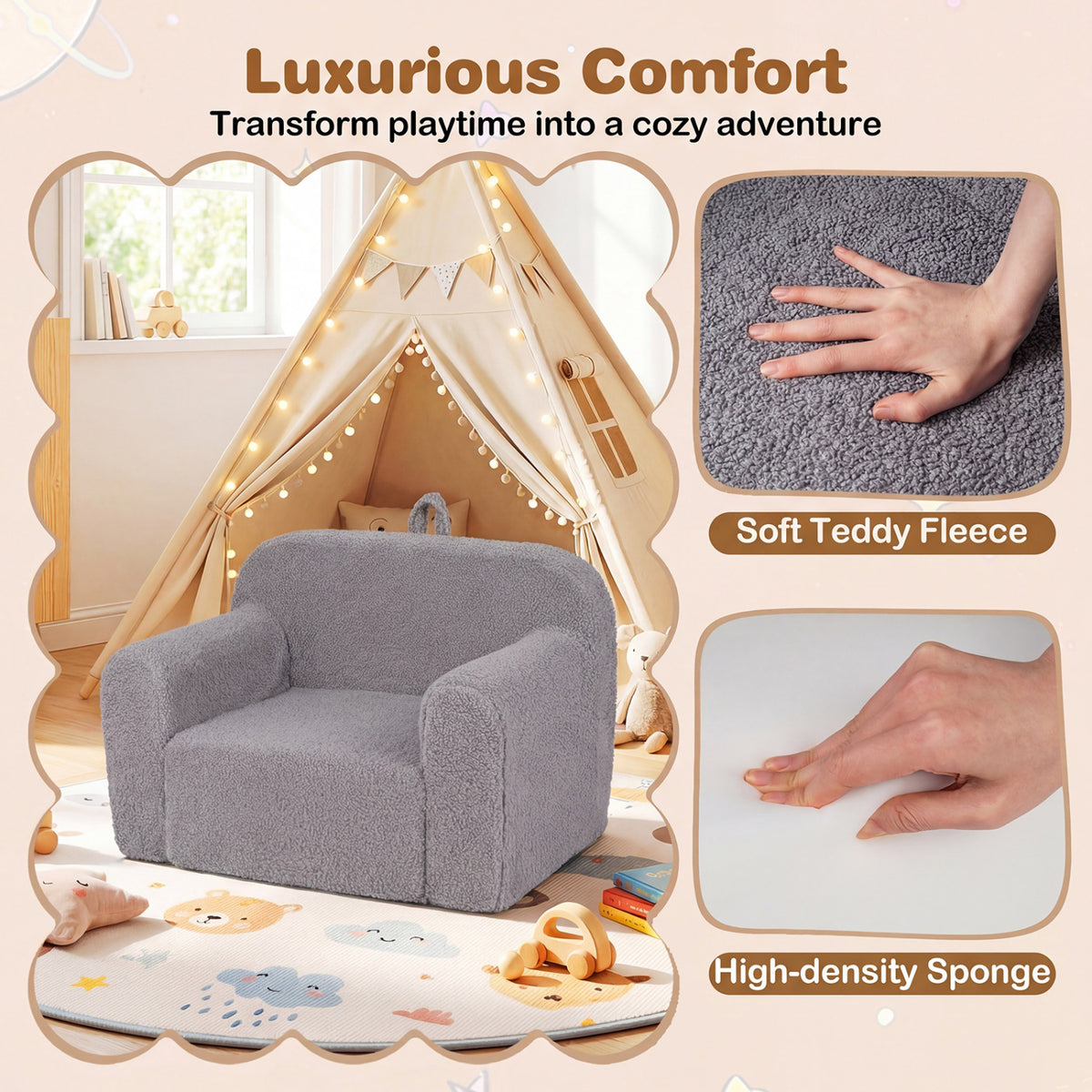 Kids Couch Portable Toddler Sofa with Anti-slip Base-Gray