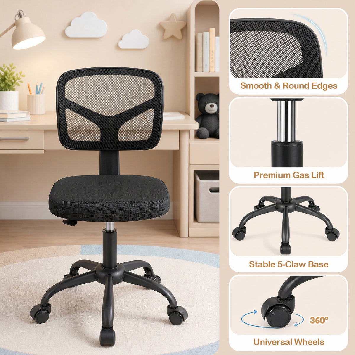 Kids Desk Chair with Adjustable Height-Black
