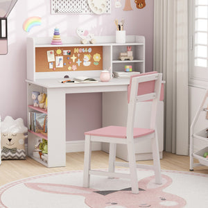 Kids Desk and Chair Set with Hutch and 3-Layer Side Shelf-Pink