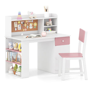 Kids Desk and Chair Set with Hutch and 3-Layer Side Shelf-Pink