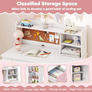 Kids Desk and Chair Set with Hutch and 3-Layer Side Shelf-Pink