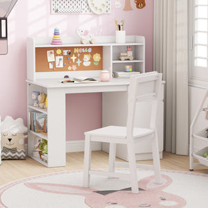 Kids Desk and Chair Set with Hutch and 3-Layer Side Shelf-White