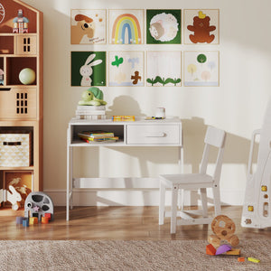 Kids Desk and Chair Set with Storage Drawer and Hutch-White
