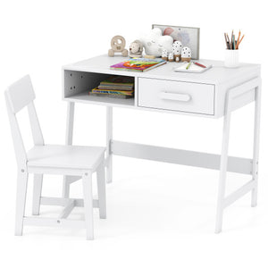 Kids Desk and Chair Set with Storage Drawer and Hutch-White