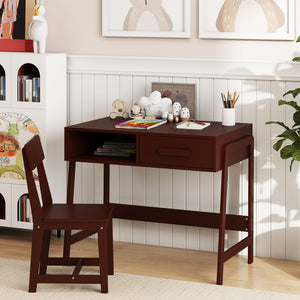 Kids Desk and Chair Set with Storage Drawer and Hutch-Brown