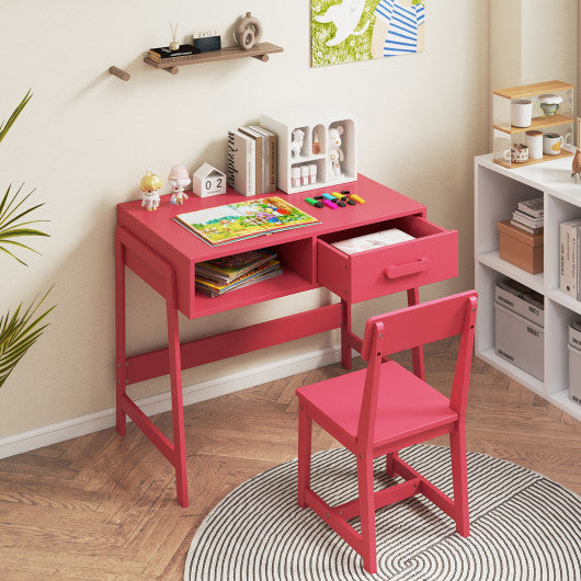 Kids Desk and Chair Set with Storage Drawer and Hutch-Pink