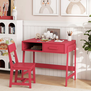 Kids Desk and Chair Set with Storage Drawer and Hutch-Pink