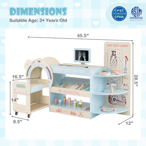 Kids Doctor Play Set Wooden Pretend Hospital Office Kit with Eye Chart Toy CT Machine-Blue