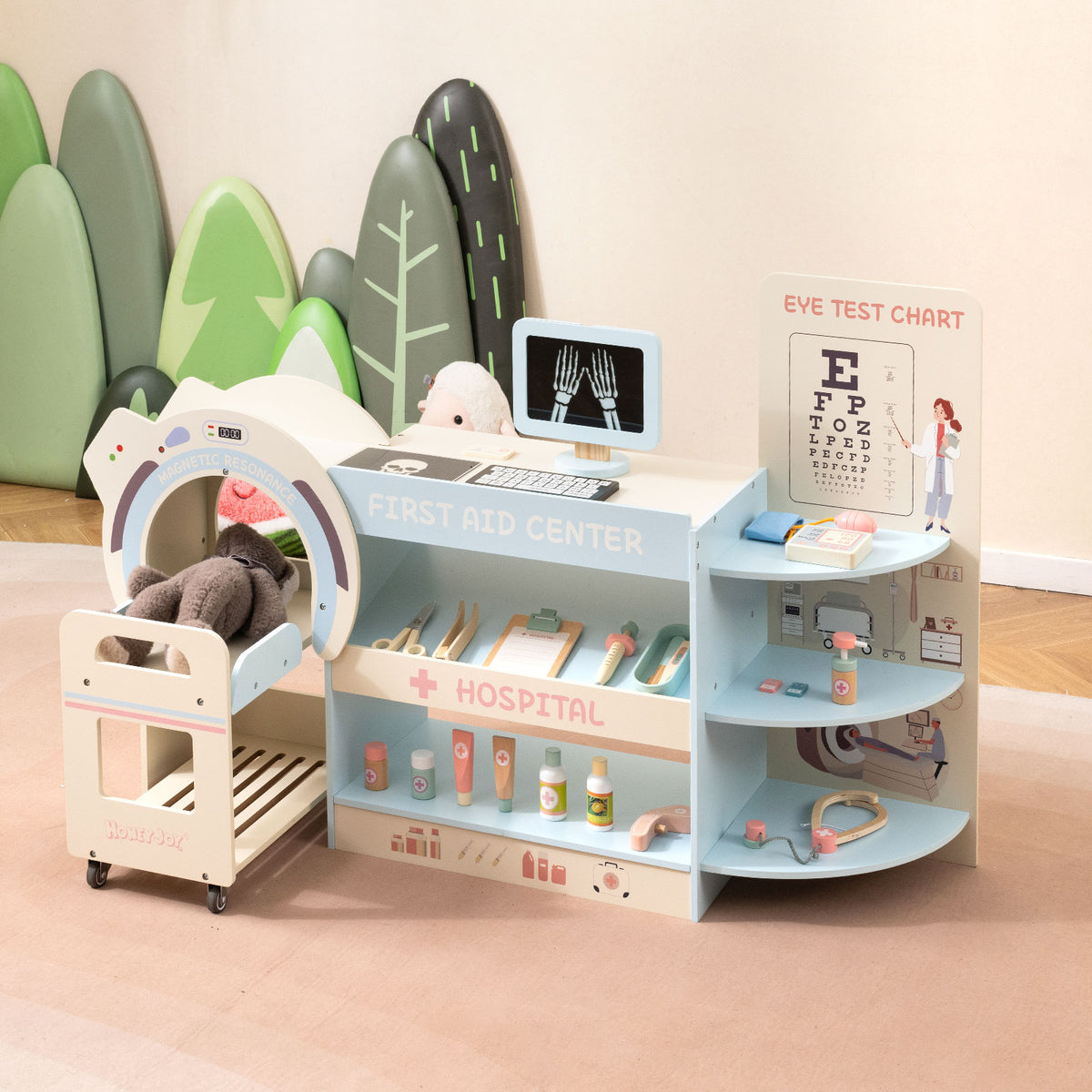 Kids Doctor Play Set Wooden Pretend Hospital Office Kit with Eye Chart Toy CT Machine-Blue
