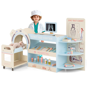 Kids Doctor Play Set Wooden Pretend Hospital Office Kit with Eye Chart Toy CT Machine-Blue