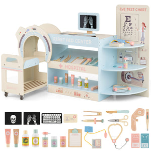 Kids Doctor Play Set Wooden Pretend Hospital Office Kit with Eye Chart Toy CT Machine-Blue