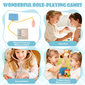 Kids Doctor Play Set Wooden Pretend Hospital Office Kit with Eye Chart Toy CT Machine-Blue