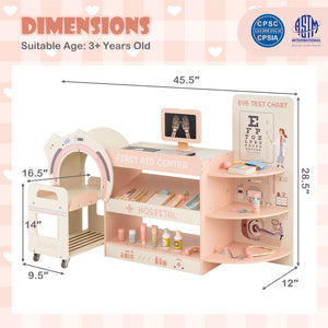 Kids Doctor Play Set Wooden Pretend Hospital Office Kit with Eye Chart Toy CT Machine-Pink