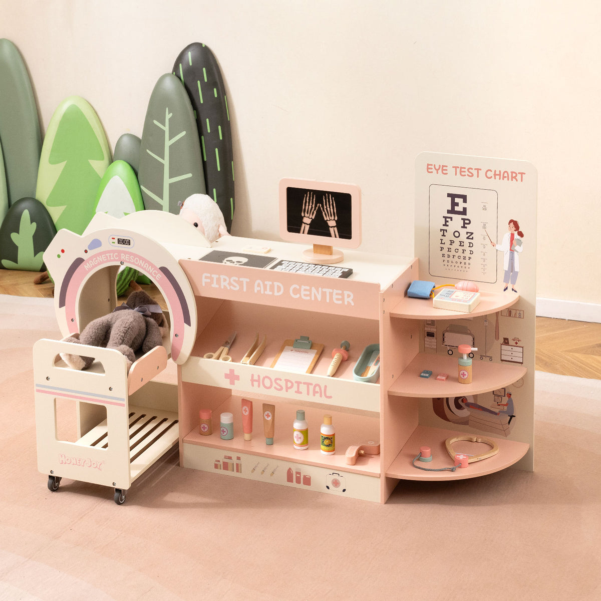 Kids Doctor Play Set Wooden Pretend Hospital Office Kit with Eye Chart Toy CT Machine-Pink
