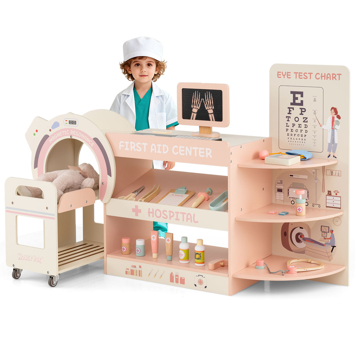 Kids Doctor Play Set Wooden Pretend Hospital Office Kit with Eye Chart Toy CT Machine-Pink