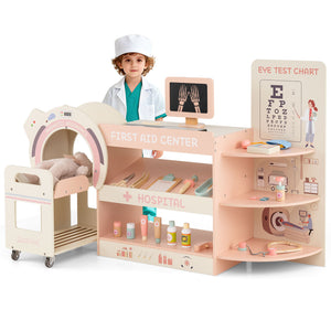Kids Doctor Play Set Wooden Pretend Hospital Office Kit with Eye Chart Toy CT Machine-Pink