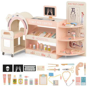 Kids Doctor Play Set Wooden Pretend Hospital Office Kit with Eye Chart Toy CT Machine-Pink