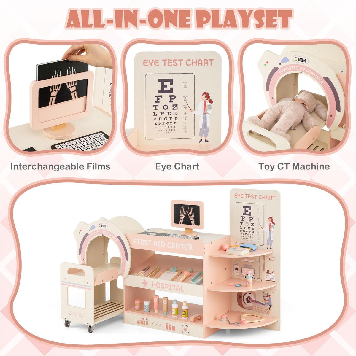 Kids Doctor Play Set Wooden Pretend Hospital Office Kit with Eye Chart Toy CT Machine-Pink