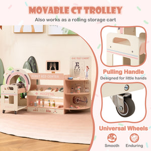 Kids Doctor Play Set Wooden Pretend Hospital Office Kit with Eye Chart Toy CT Machine-Pink