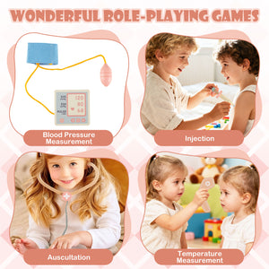 Kids Doctor Play Set Wooden Pretend Hospital Office Kit with Eye Chart Toy CT Machine-Pink