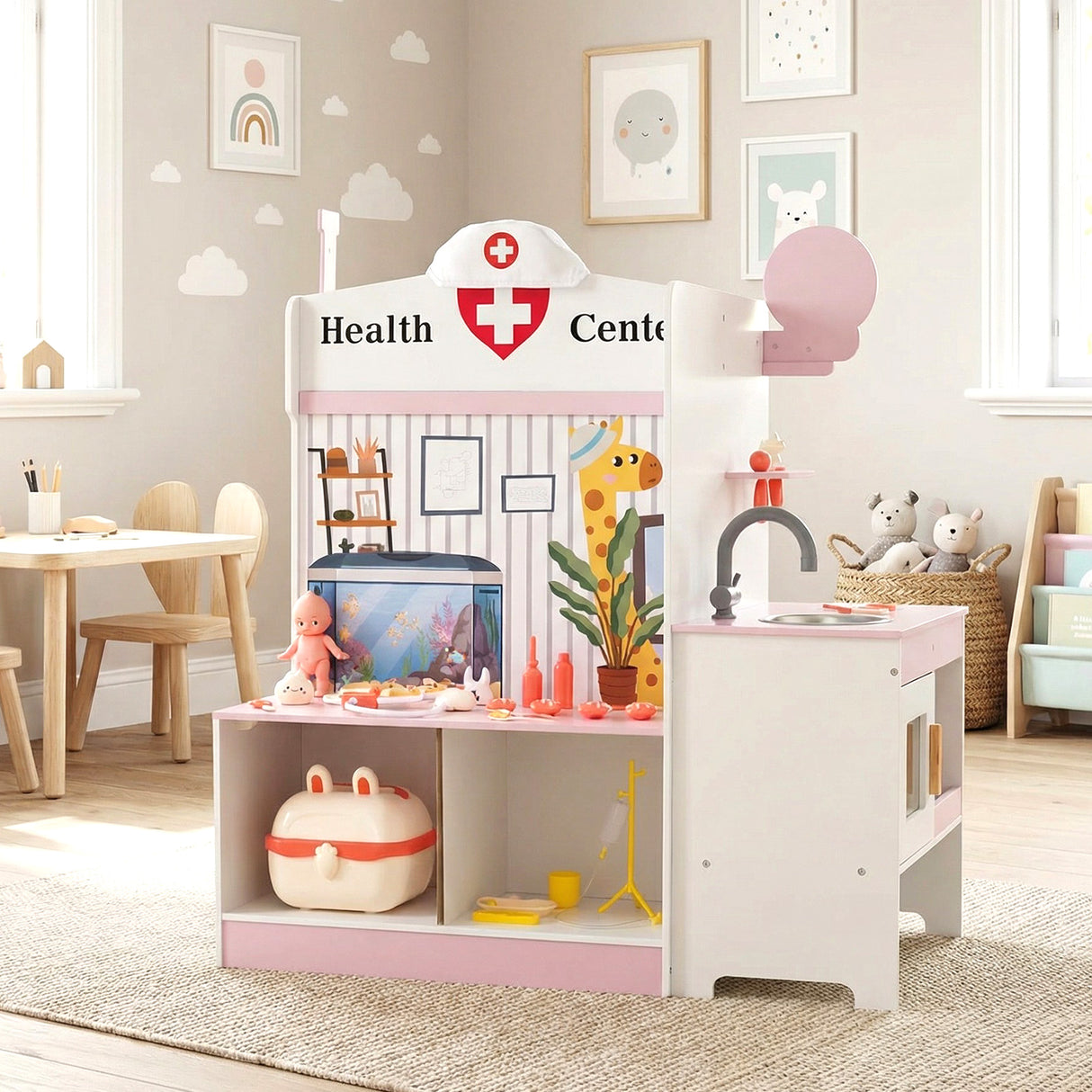 Kids Doctor Play Set with Adjustable Height Bar-Pink
