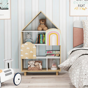 Kids Dollhouse Bookshelf House-shaped Bookcase Children Toy Storage Organizer-Natural