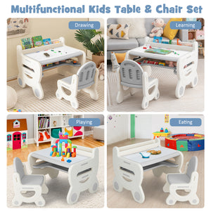 Kids Drawing Table and Chair Set with Watercolor Pens and Blackboard Eraser-Gray