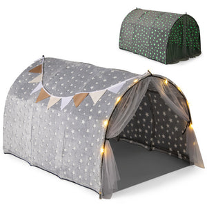 Kids Dream Bed Tent Twin Bunk Bed with Glow in the Dark Stars and Lights-Gray
