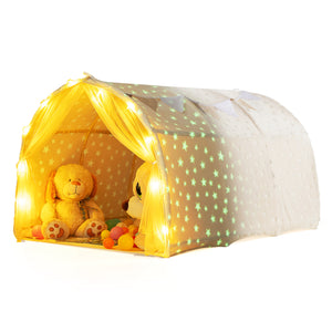 Kids Dream Bed Tent Twin Bunk Bed with Glow in the Dark Stars and Lights-Beige
