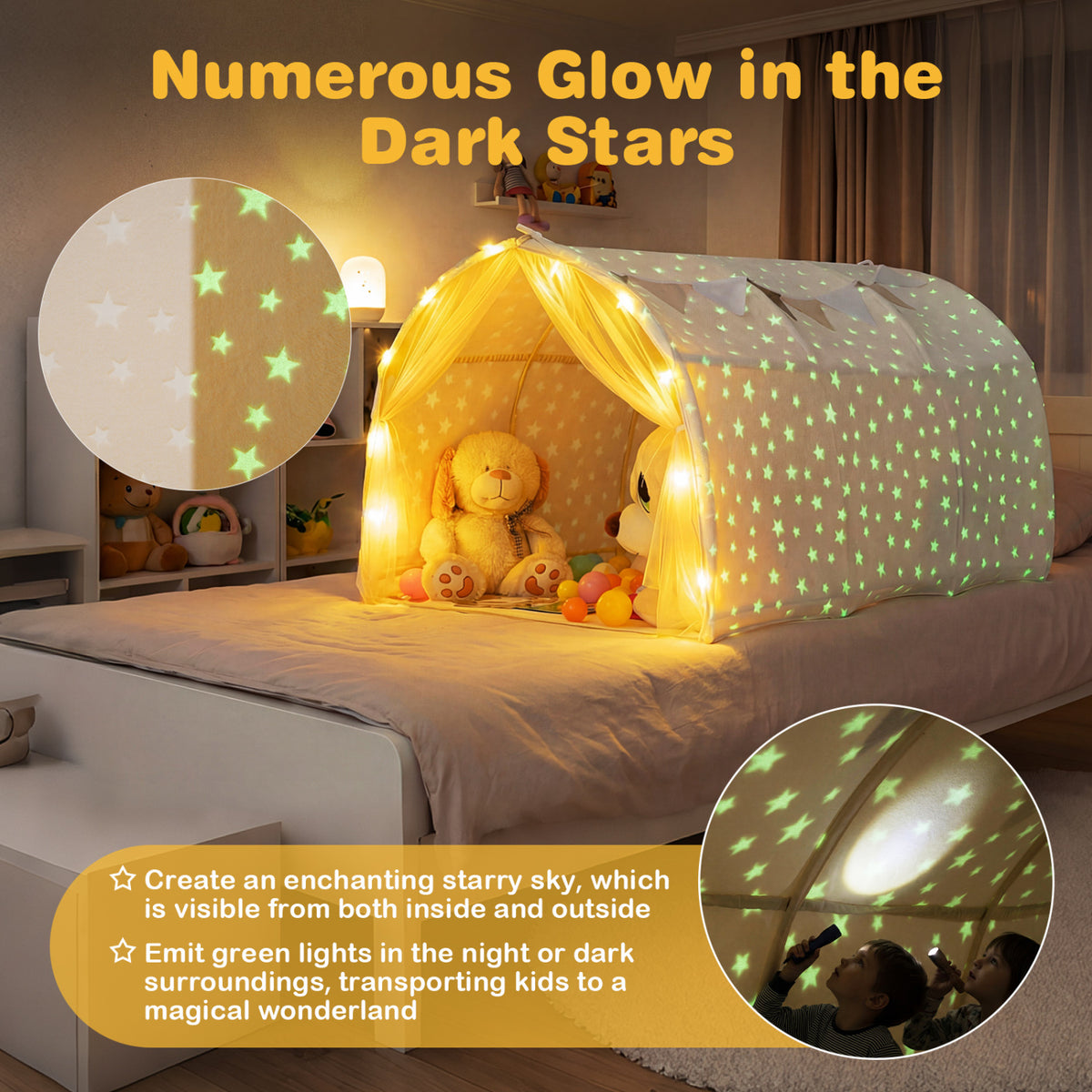 Kids Dream Bed Tent Twin Bunk Bed with Glow in the Dark Stars and Lights-Beige
