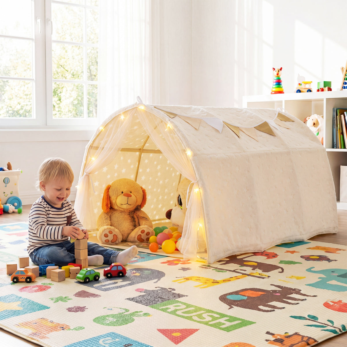 Kids Dream Bed Tent Twin Bunk Bed with Glow in the Dark Stars and Lights-Beige
