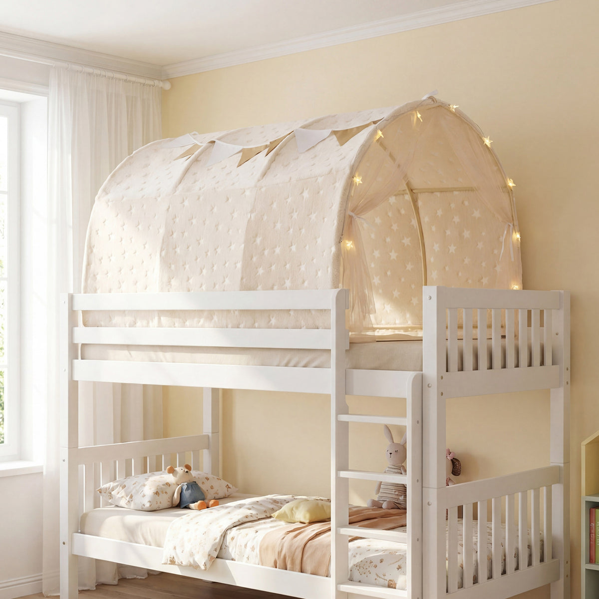 Kids Dream Bed Tent Twin Bunk Bed with Glow in the Dark Stars and Lights-Beige