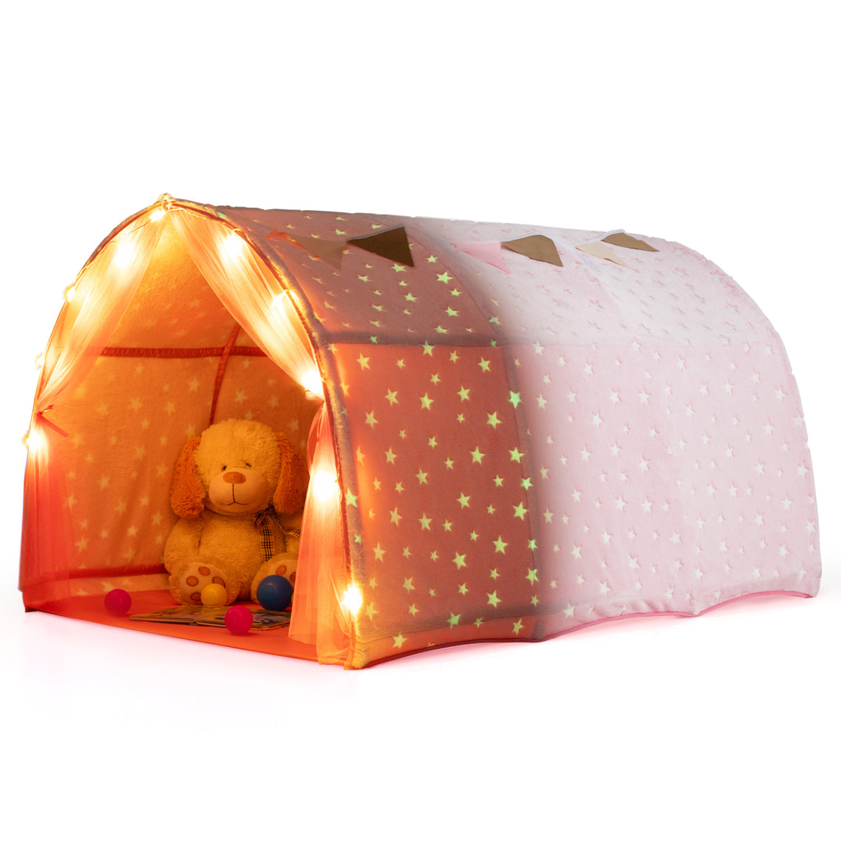 Kids Dream Bed Tent Twin Bunk Bed with Glow in the Dark Stars and Lights-Pink