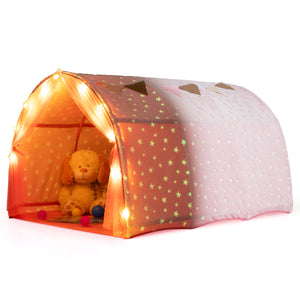 Kids Dream Bed Tent Twin Bunk Bed with Glow in the Dark Stars and Lights-Pink