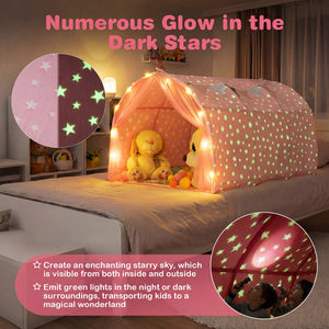 Kids Dream Bed Tent Twin Bunk Bed with Glow in the Dark Stars and Lights-Pink