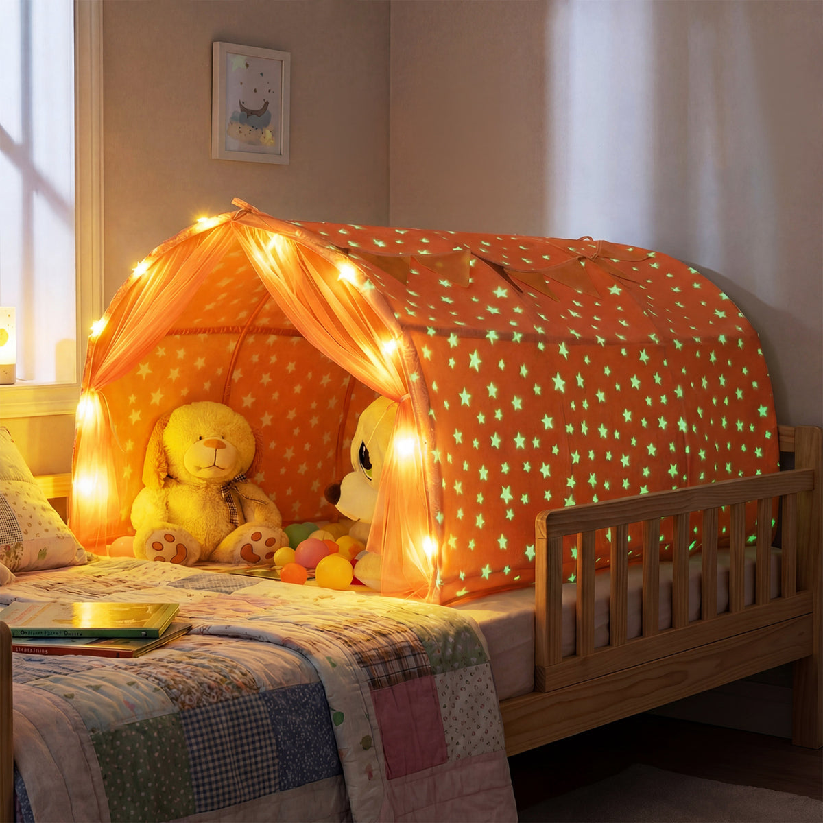 Kids Dream Bed Tent Twin Bunk Bed with Glow in the Dark Stars and Lights-Pink