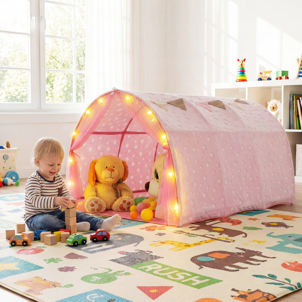 Kids Dream Bed Tent Twin Bunk Bed with Glow in the Dark Stars and Lights-Pink