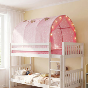 Kids Dream Bed Tent Twin Bunk Bed with Glow in the Dark Stars and Lights-Pink