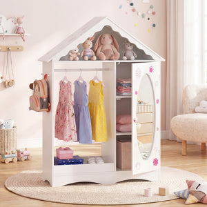 Kids Dress Up Storage with Mirror Roofed Wardrobe Closet with Open Hanging Rack-White