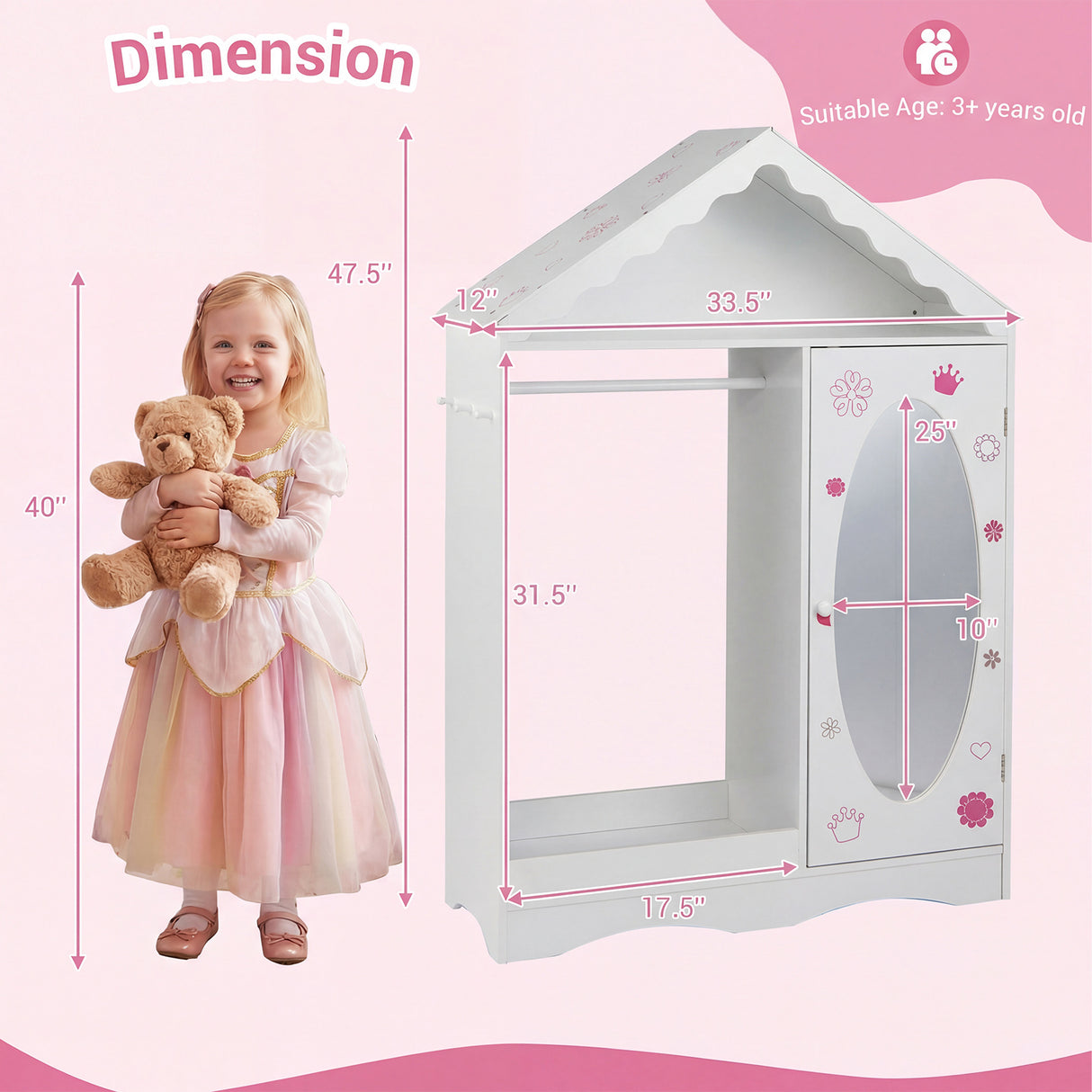 Kids Dress Up Storage with Mirror Roofed Wardrobe Closet with Open Hanging Rack-White