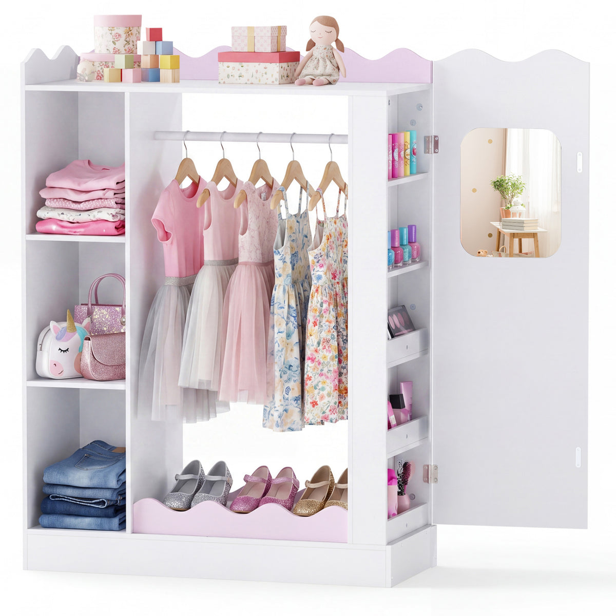 Kids Dress Up Storage with Mirrors and Hanging Rack and Shelves for Bedroom-Pink