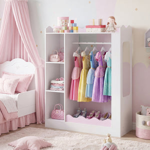 Kids Dress Up Storage with Mirrors and Hanging Rack and Shelves for Bedroom-Pink