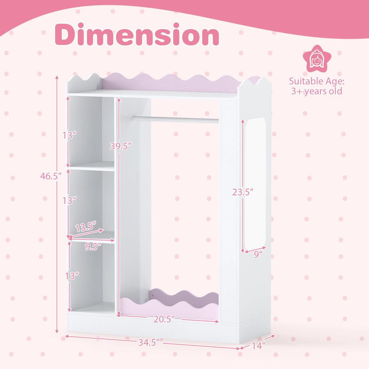 Kids Dress Up Storage with Mirrors and Hanging Rack and Shelves for Bedroom-Pink