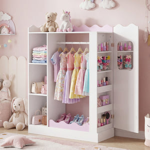 Kids Dress Up Storage with Mirrors and Hanging Rack and Shelves for Bedroom-Pink